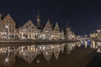 Illuminated house facades in Ghent, Belgium, Europe