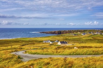 Panoramic view of a picturesque coastal landscape with cliffs, green grass and calm sea under a