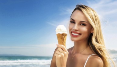 A blonde woman enjoys eating an ice cream in a cone