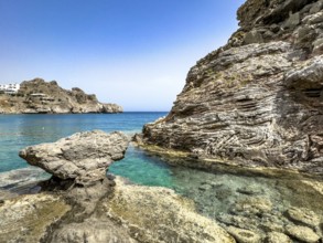 View of the turquoise blue bay of Agios Pavlos in the background on the Libyan Sea Mediterranean in