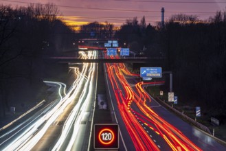 Motorway A40, Ruhrschnellweg, near Bochum, dense evening traffic, in front of the motorway junction
