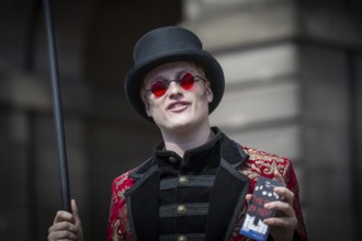 Performer promoting vampire musical, world's largest cultural festival The Fringe, High Street,