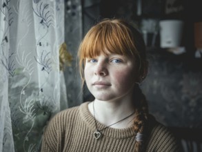 Portrait of a girl in a village near the front, Voloska Balakliia, 2024, Ukraine, Europe