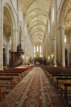 Interior view of the Gothic Ste-Marie-Madeleine built in 1532, pulpit,