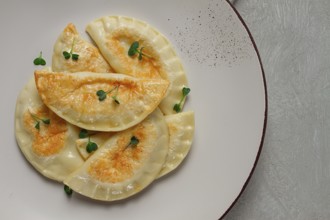 Pierogi, a traditional dish of Polish cuisine, dumplings, top view, close-up, no people