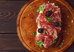 Sandwich, grain bread, with cream cheese and salami, black olives, micro-greens, top view,