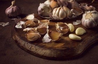 Fresh garlic, on a dark background, top view, food concept