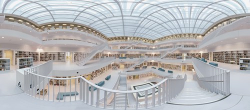 Galeriesaaal, Modern library with glass roof and white stairs, surrounded by bookshelves in a