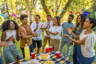 Happy young caucasian woman carrying a birthday cake while celebrating birthday in a park with