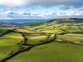 Farms over Morcombelake Village from a drone, Bridport, Dorset, England, United Kingdom, Europe