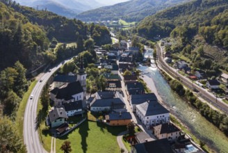 Drone image, river Traun, view of town with parish church, Lauffen, Salzkammergut, Upper Austria,