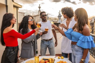 Multi-ethnic friends toasting on evening party in a city rooftop
