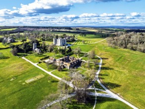 Lulworth Castle from a drone, Lulworth Estate, Camp Bestival, East Lulworth, Dorset, England,