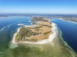 Aerial view of the Mettnau peninsula at low tide with shallows, danger to shipping traffic,