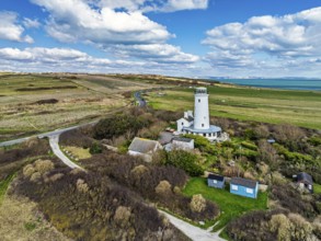 Portland Bird Observatory from a drone, Bill Lighthouse, Portland Bill, Isle of Portland, Dorset,