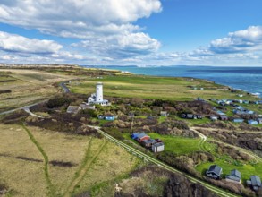 Portland Bird Observatory from a drone, Bill Lighthouse, Portland Bill, Isle of Portland, Dorset,