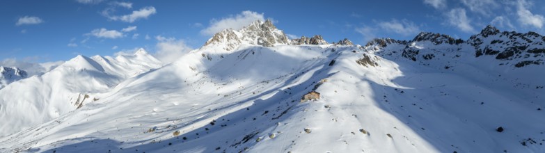 Alpine panorama, aerial view, Alpine Club hut of the SAC in winter, Chamanna d'Es-cha, Pitz