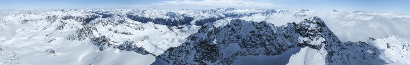 Alpine panorama, aerial view, mountain peak Piz Kesch and glacier Vadret da Porchabella, Albula