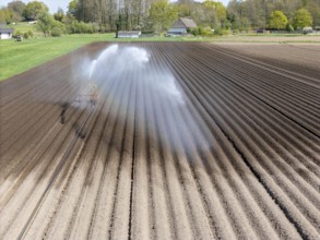 Artificial irrigation of a potato field in April, with a sprinkler system, long drought in spring