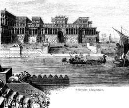 Assyrian royal palace, magnificent architecture, river, ships, rowers, sails, steps, columned
