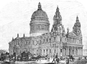 St Paul's Cathedral, St Paul's Cathedral, domed church, people, horse-drawn carriages, London,