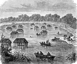 Africa, Pile dwellings in Lake Mohrja, Urua, Kingdom of the Luba in the south-east of today's