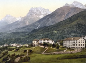 Lower Engadine, Vulpera with mountains, Graubuenden, Switzerland, Historical, digitally restored