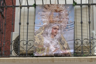 Decorated balcony for Semana Santa in Cuevas del Almanzora, Almeria, Spain, Europe