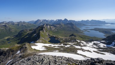 View of mountains and fjord landscape, mountain panorama, at the summit of Rundfjellet, lake