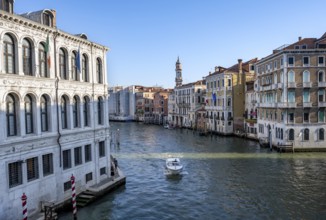 View of the Grand Canal with water taxi, view from the Rialto Bridge, Venice, Veneto, Italy, Europe