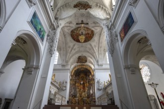 Interior with dome and chancel, Neumünster, collegiate church, Würzburg, Lower Franconia, Bavaria,