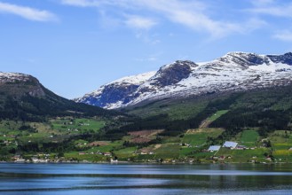 Mountains and Fjord over Norwegian Village, Olden, Innvikfjorden, Norway, Europe