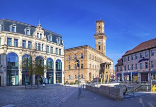Town hall and Quintessenz sculpture on the fruit market in Fürth, Bavaria, Germany, Europe