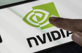 In this photo illustration, the Nvidia Corporation logo is displayed on an iPhone screen on January