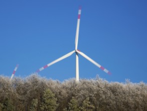 Wind turbines, in the middle of a hoarfrost covered forest, beside Zierenberg in the winter,