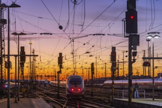 Track apron with ICE in the evening with sunset. Frankfurt am Main main station with rails, line