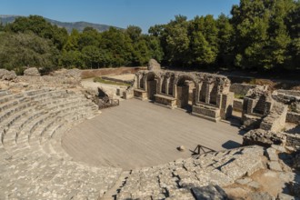 Theater and amphitheater in the archaeological ruins of Butrint or Butrinto National Park in