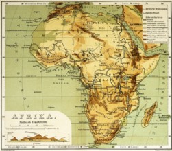 Topographical map of Africa in the 19th century with longitude and latitude, elevation profile east