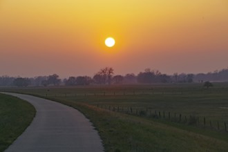 A country lane at sunset with soft colours and a peaceful rural feeling, Elbe dyke, Damnatz, Elbe