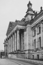 Reichstag building, German Bundestag, black and white, Platz der Republik, government district,