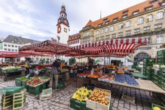 Weekly market, direct marketing of fruit and vegetables at Neumarkt. City view with old town hall.