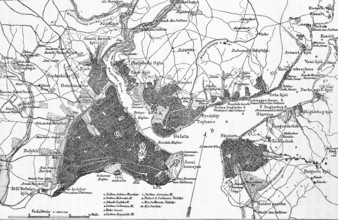 Topographic map with scale of Istanbul or Constantinople on the Sea of Marmara with surroundings,