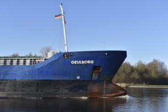 Cargo ship Geulborg in the Kiel Canal, NOK, Kiel Canal, Schleswig-Holstein, Germany, Europe