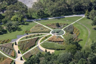 Circular garden arrangement in a public park with carefully designed beds, Vienna