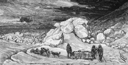 Travelling by sled on the Greenlandic ice, travel, sled dogs, icebergs, polar region, climate