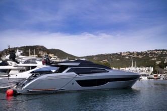 Luxury yacht, yacht MIKU by Riva, approx. 4 million EURO, at anchor, marina, harbour Port