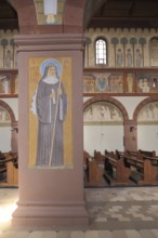 Interior view of the UNESCO monastery church of St. Hildegard with painting of Hildegard of Bingen