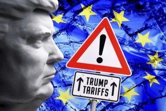 Trump bust in front of EU flag in shards with sign and inscription Trump Tariffs, symbolic photo