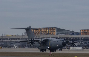 Airbus A400M military transport aircraft of the German Air Force landed at Stuttgart Airport with