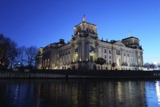 A view of the Bundestag in Berlin a few hours after polling closed and counting was underway in the